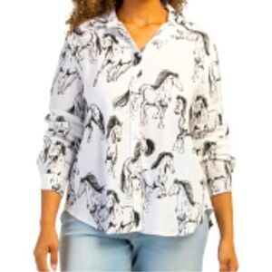 Jane and Delancey White and Black Horse equestrian long sleeve Blouse Novelty